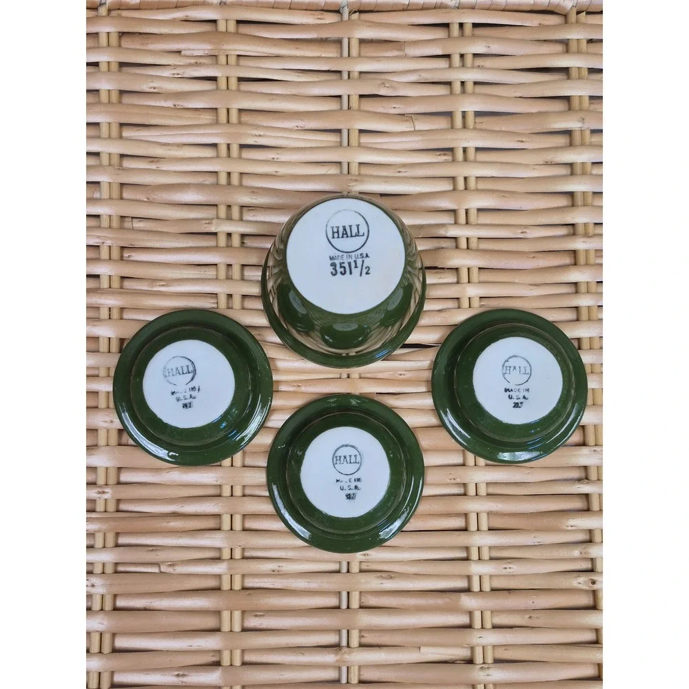 Hall China Green Ramekin Set 4 Vintage Custard Cups Souffle Baking USA